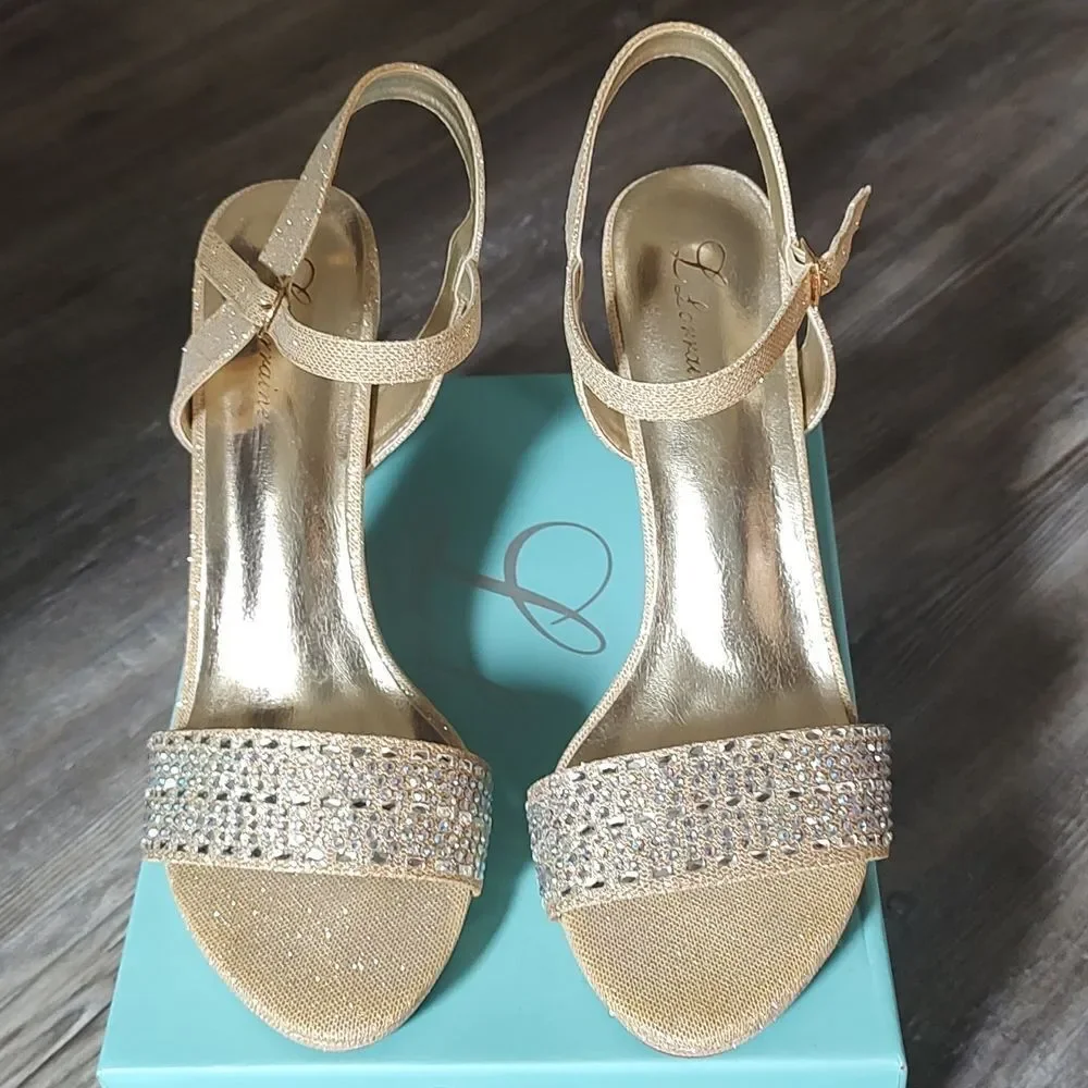 Lauren  Lorraine Lida Nude  gold sequin heels Christmas party wedding Sz 9